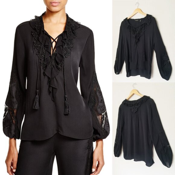 Kobi Halperin 100% Silk Laced Up Ruffle Trim Crochet Sleeve Blouse Top Black M - Picture 1 of 16